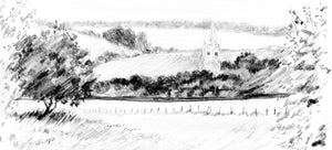 7x5" Card "Empingham Church from Rutland Water"