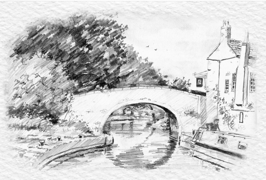 A4 Mounted Print Barrow-Upon-Soar, Mill Lane bridge pencil sketch ( Available as either Mounted or Framed Print)