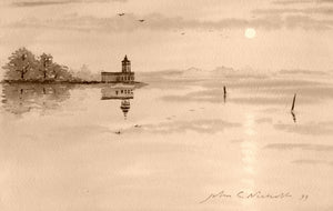 5x7" Normanton Church Rutland water in sepia